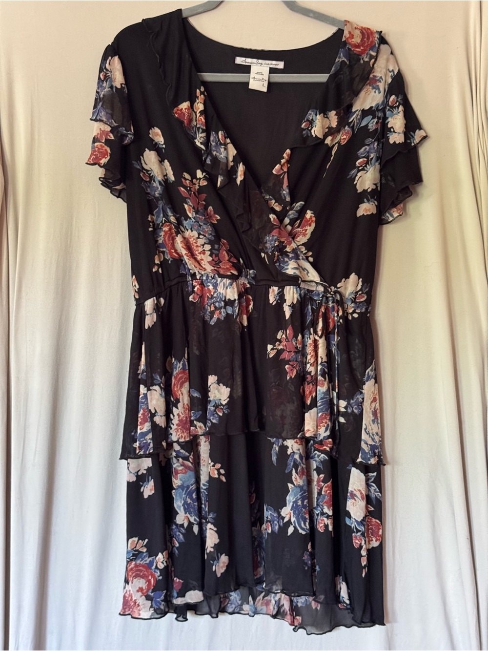 Floral Black Ruffle Wrap Dress by American Rag